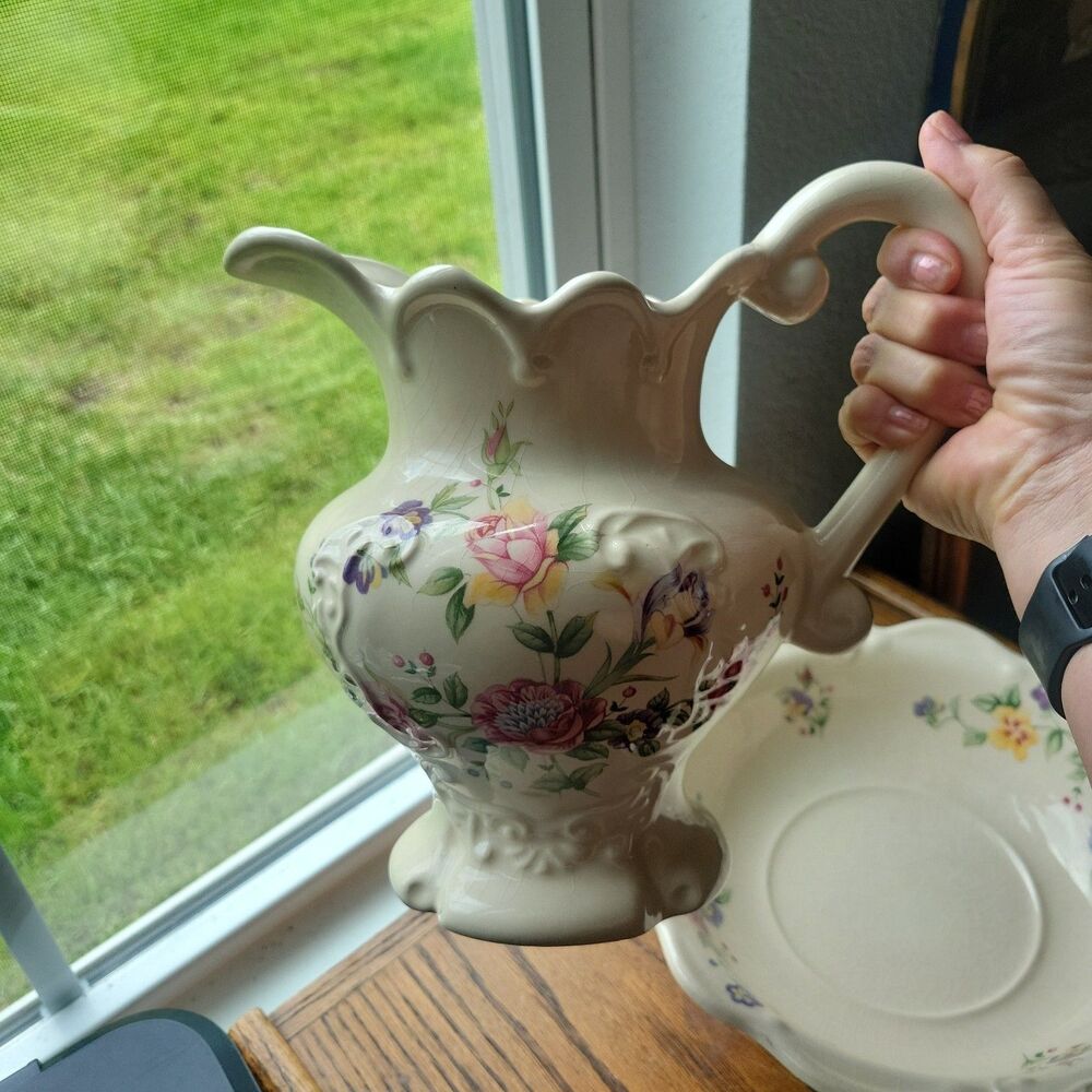 Vtg 1930s British Ceramic Pitcher & Wash Basin Bowl Set Floral Rose Art Deco Era - Picture 4 of 16